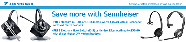 Save money with Sennheiser - Free standard CSTD01 and CSTD08 cable with all call centre headsets and Free electronic hook switch or handset lifter with any DW Sennheiser wireless headset